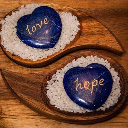 Lapis Hearts with Love and Hope inscribed