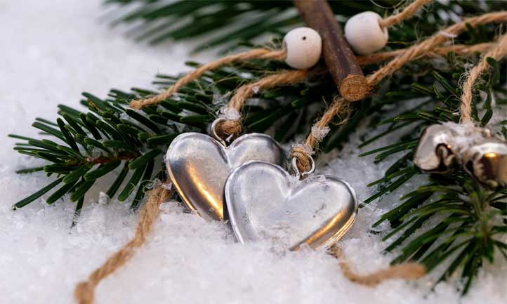 Silver hearts, Pine leaves, snow