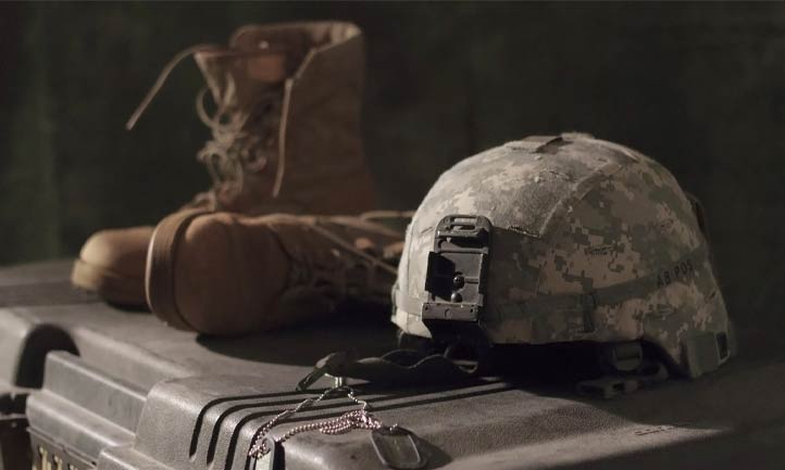 military boots, dog tags, helmet