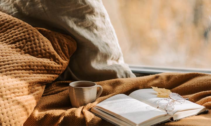book, cup, blanket, glasses