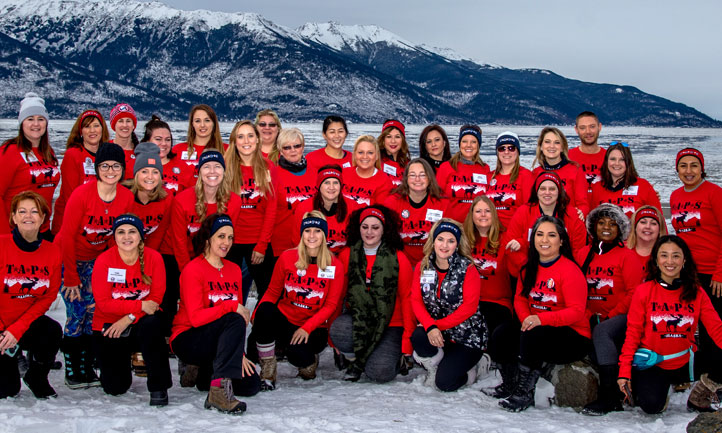 TAPS Magazine Winter 2018 cover, survivors pose at Alaska Widow Retreat