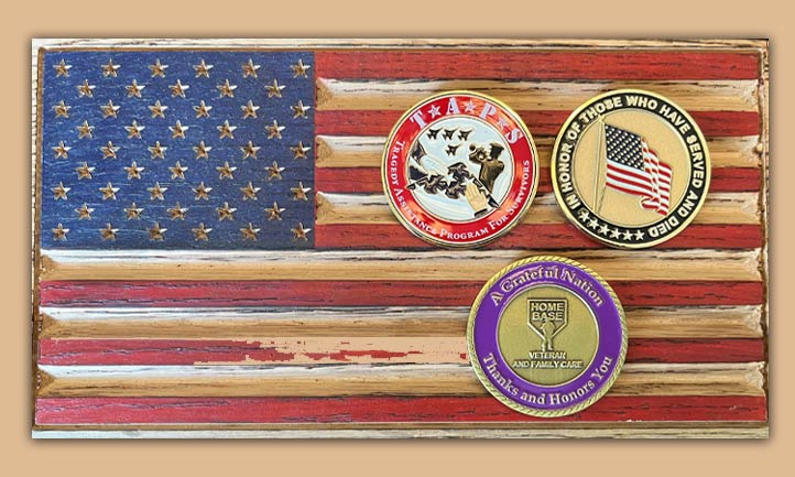 wooden flag background with taps and home base coins