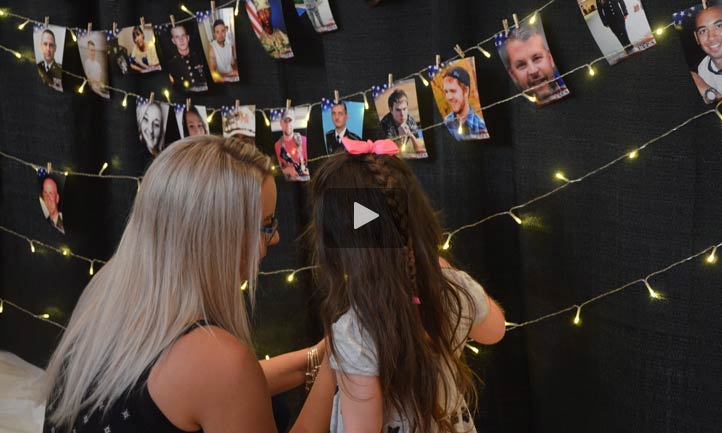 mom and child looking at photo of loved one